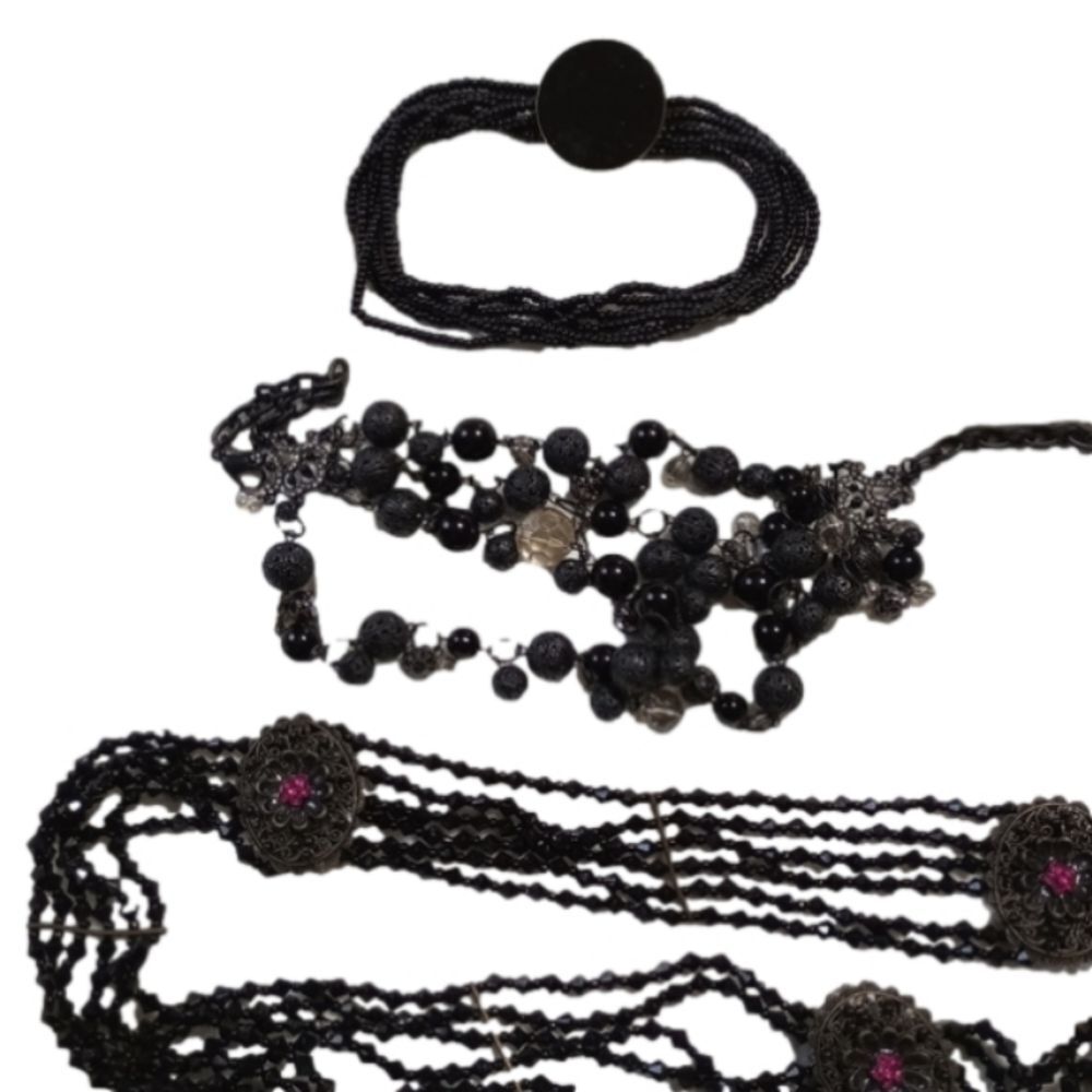 Beaded Belt Black Necklace Bracelet Set of 3 Jeweled Fashion Jewelry (C003)